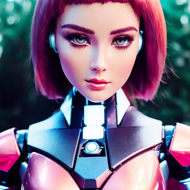 Feminine robot with red hair in futuristic armor on green background