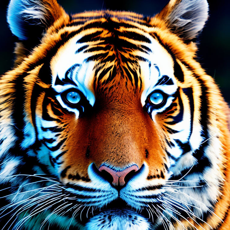 Tiger portrait with vivid blue eyes on dark blue background