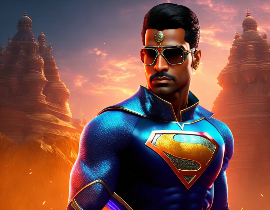 Male superhero in Indian-inspired blue suit with Superman emblem, shades, and jewel, against temple backdrop.