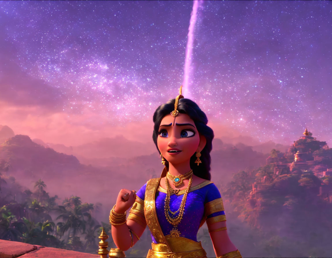 Animated character admires magical glowing beam in ancient landscape