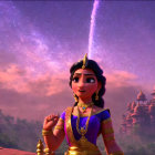 Animated character admires magical glowing beam in ancient landscape