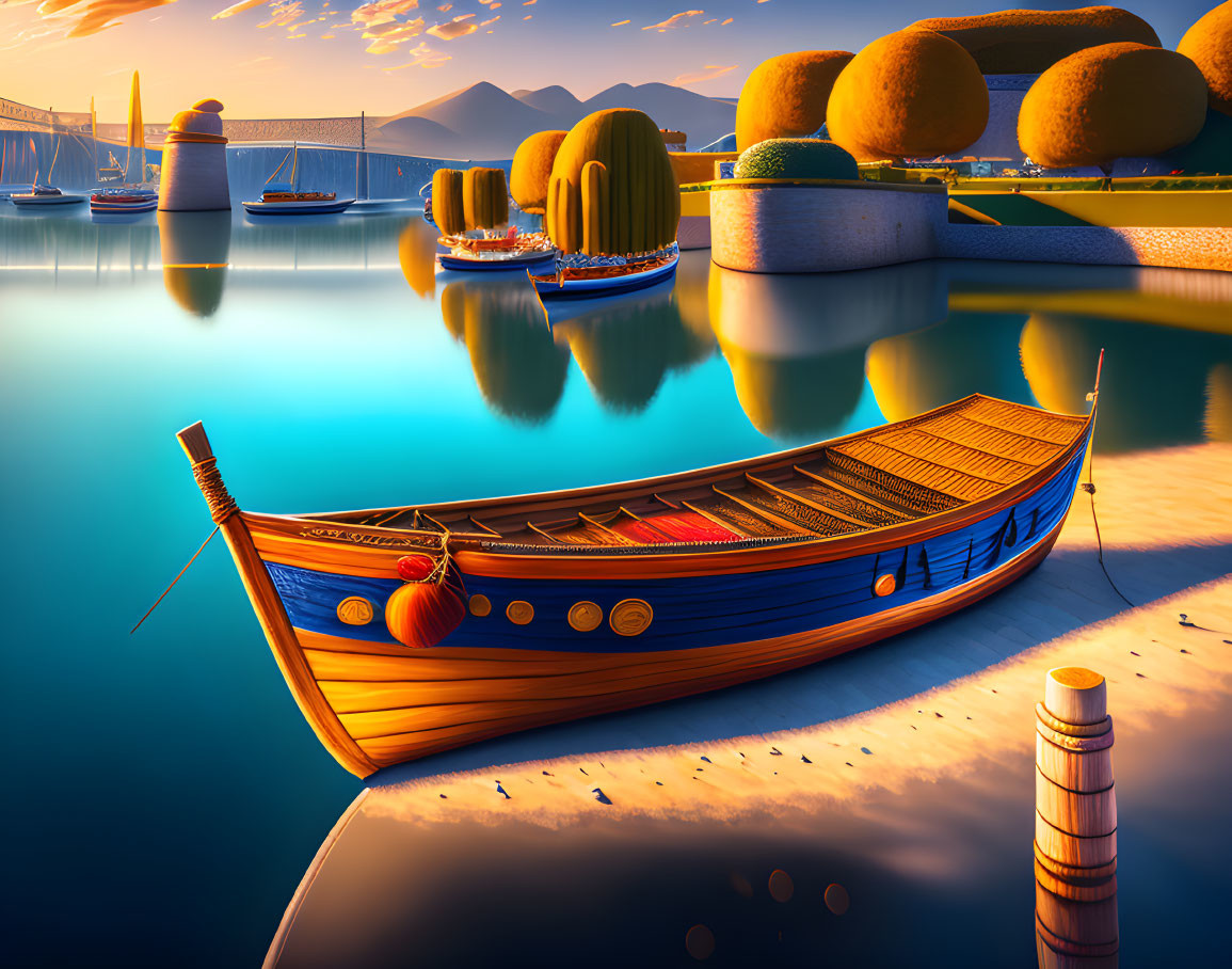 Digital Art: Wooden Boat on Tranquil Lake with Sunset Ambiance