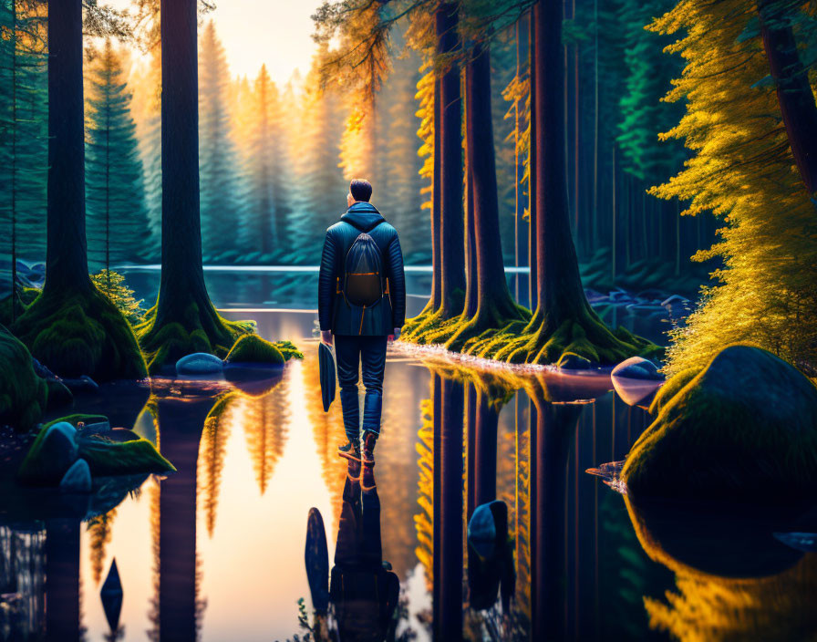 Person in serene forest by still lake with sun rays piercing through trees