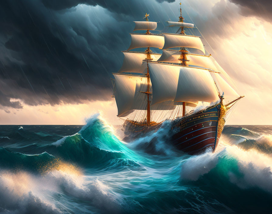 Majestic sailing ship with multiple sails in stormy seas