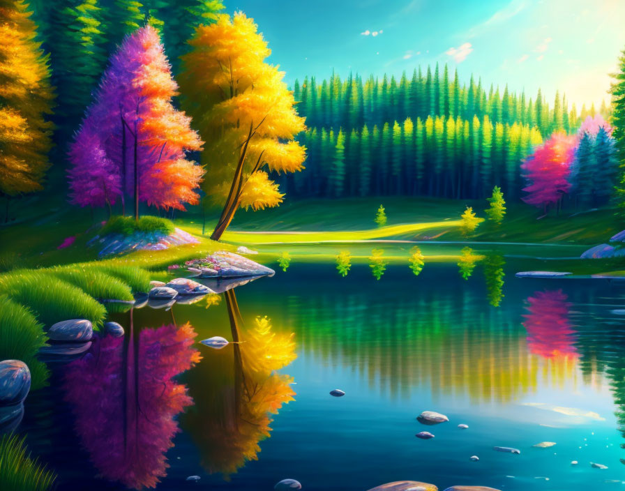 Colorful Trees Reflected in Serene Lake Amid Lush Forest