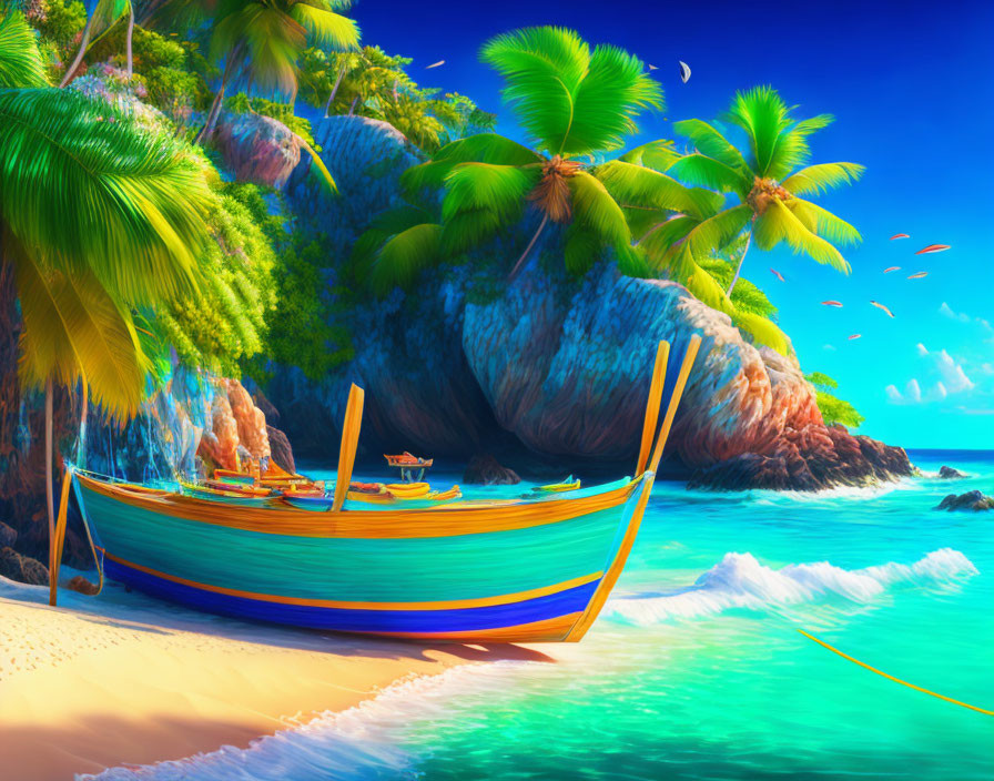 Tropical Beach Scene with Boat, Palm Trees, and Clear Blue Water