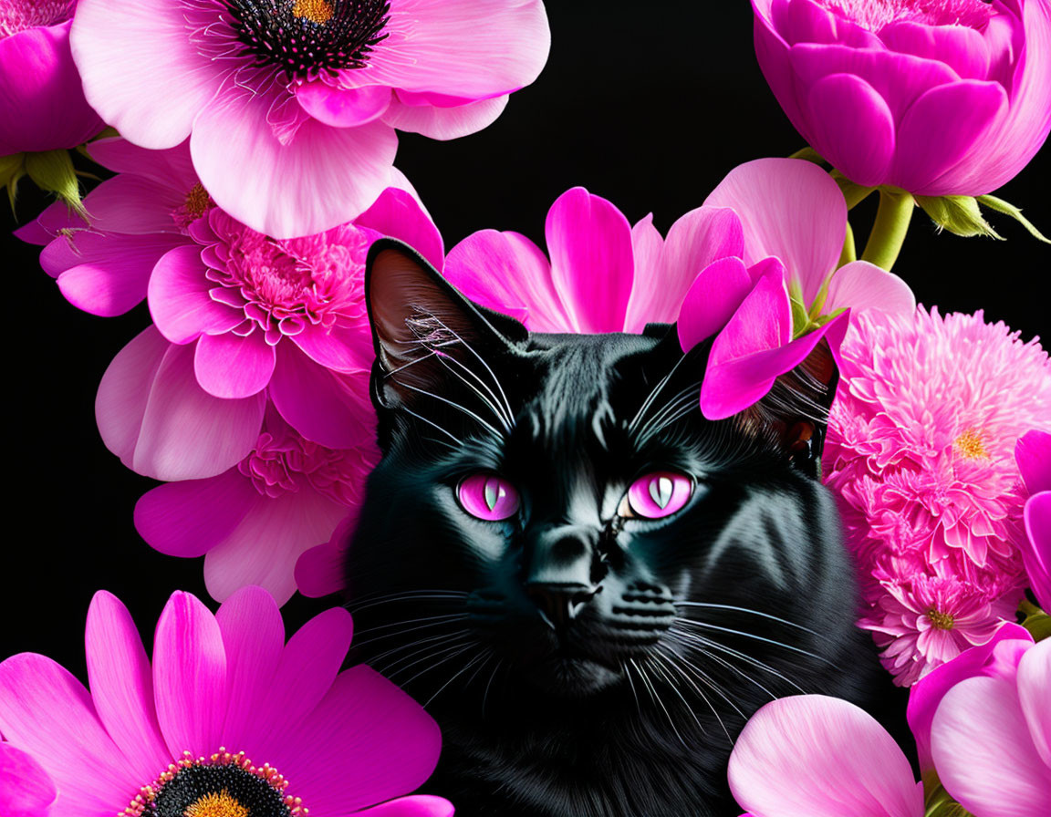 Black cat with green eyes among pink flowers on black background