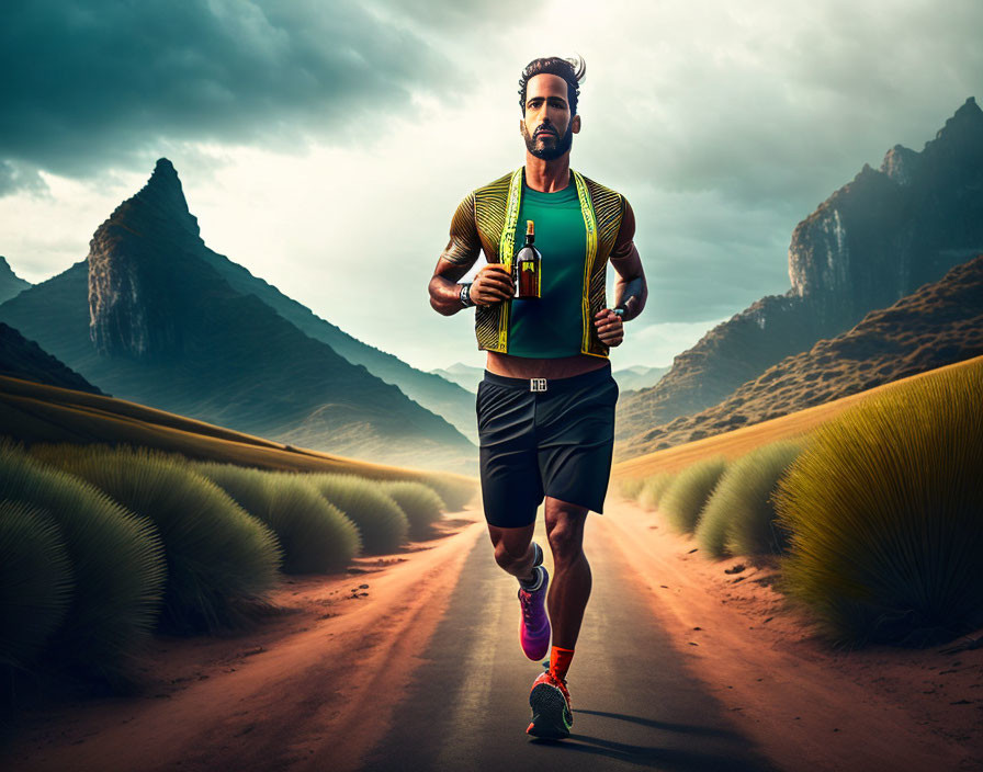 Man in sportswear running on deserted road with scenic mountains and dramatic sky holding a bottle