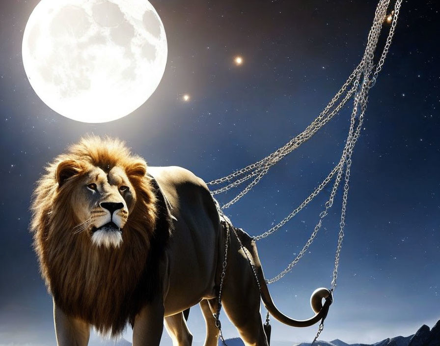 Majestic lion under night sky with full moon and chains in background