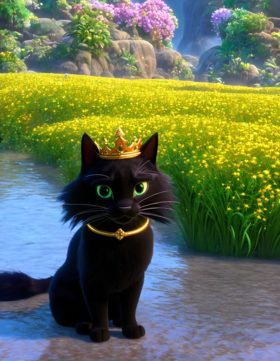 Black Cat with Crown and Gold Collar in Colorful Meadow by Stream