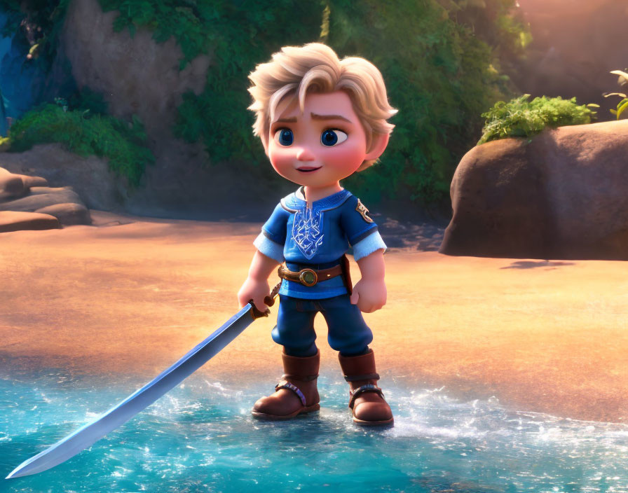 Blond-Haired Animated Character with Sword in Forested Area