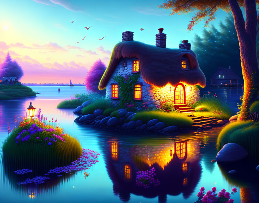 Thatched Cottage by Serene Lake at Twilight