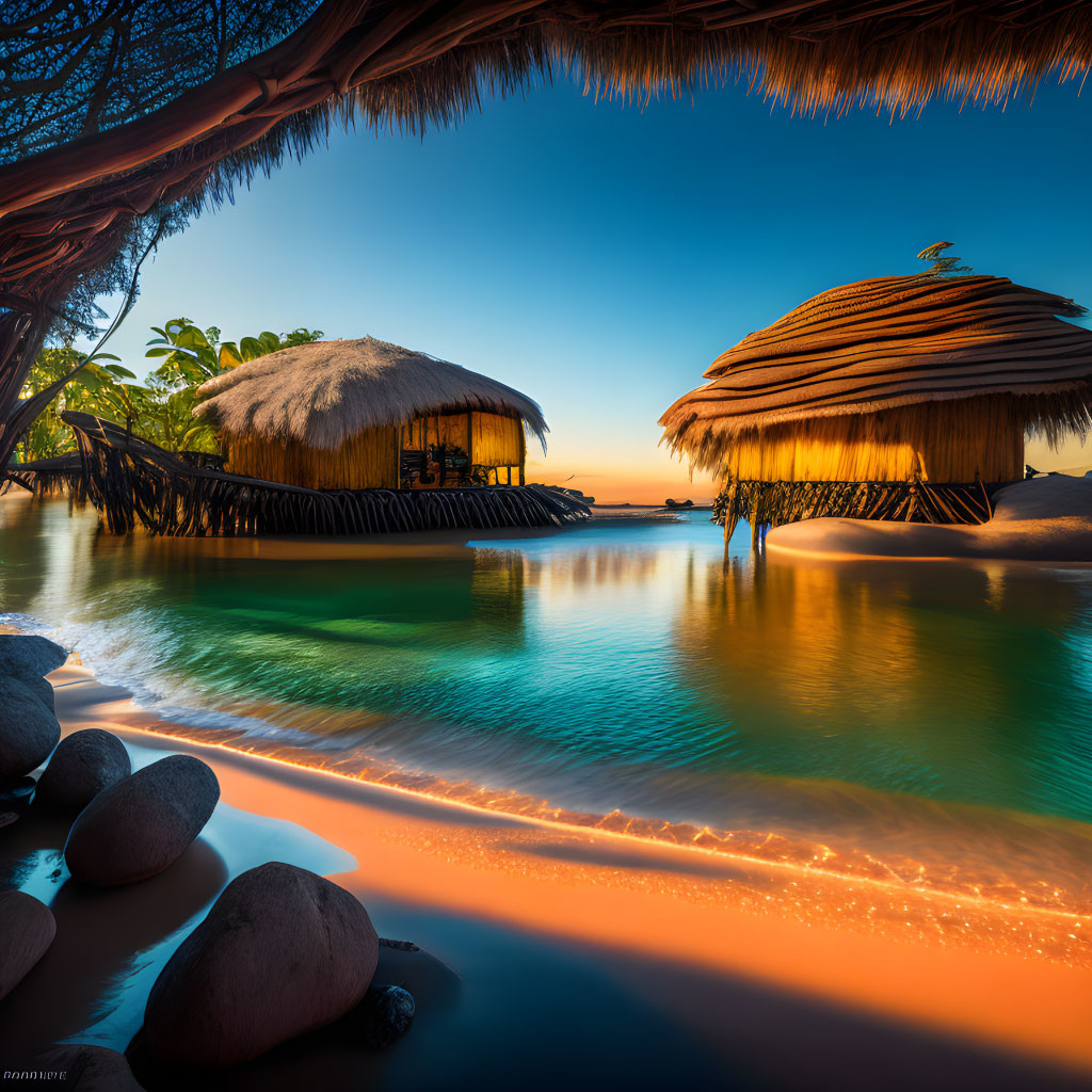 Tropical Thatched Huts Over Sunset Waters