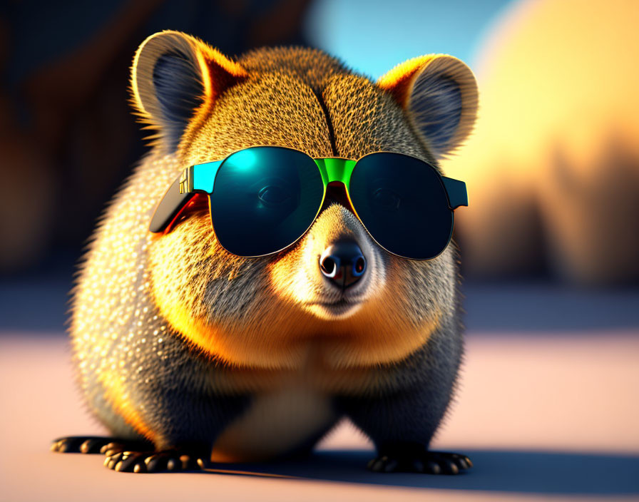 Plump furry animal with sunglasses on warm-toned background