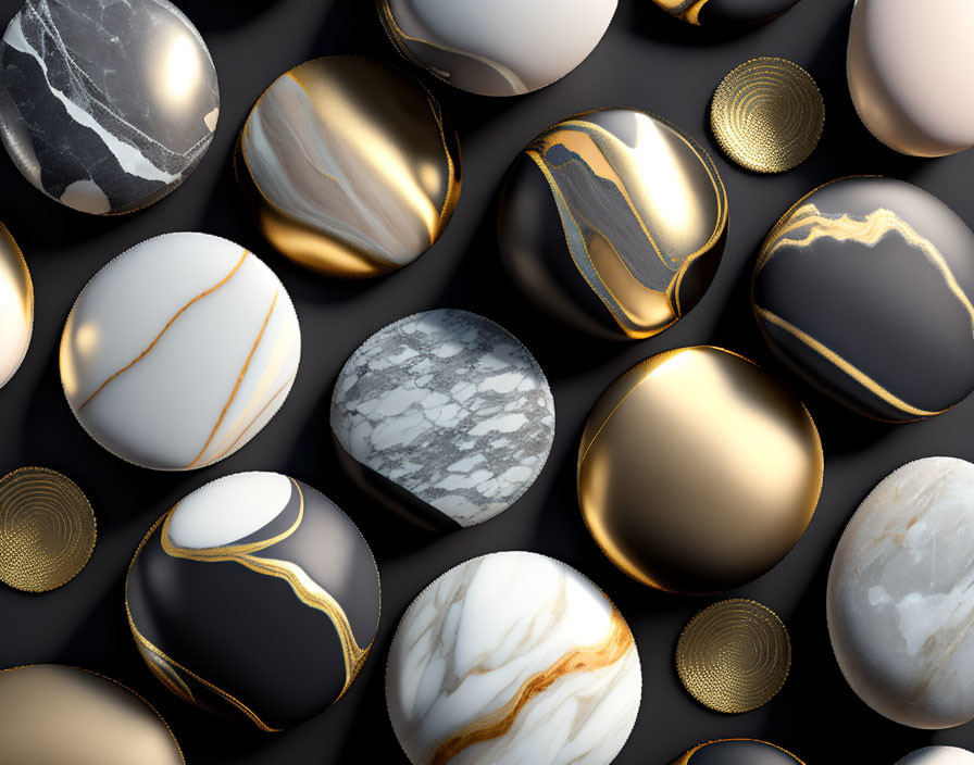 Luxurious gold-accented spheres crafted from ornate marbles and metals