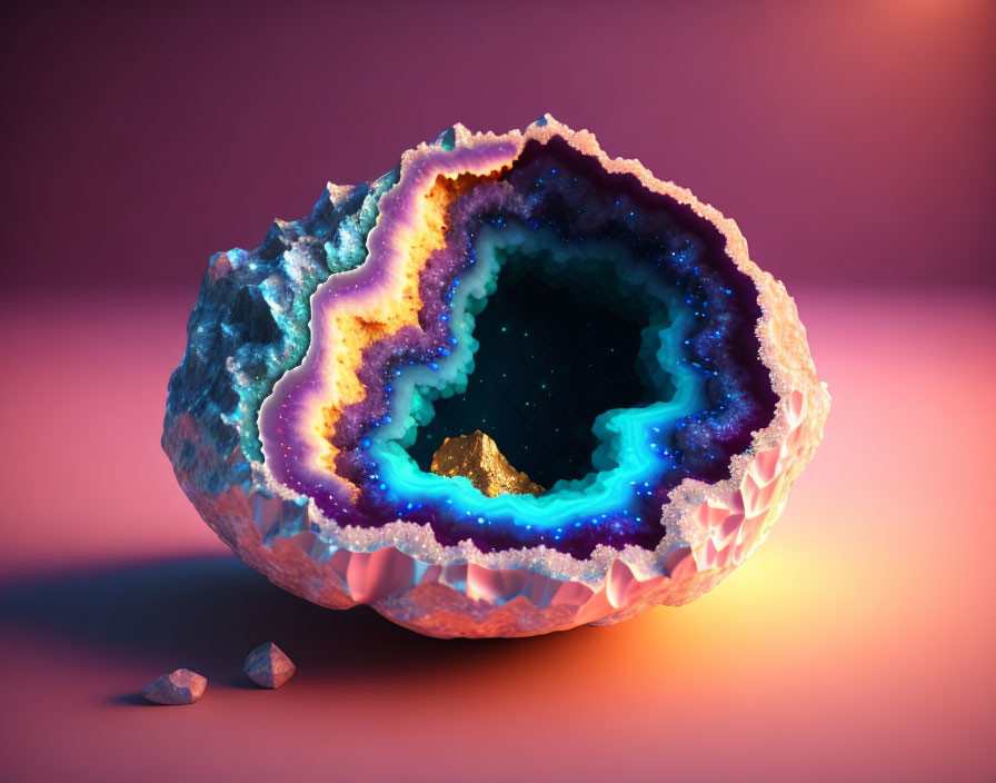 Colorful Geode with Blue Core, Purple Edges, and Gold Element on Pink Background