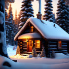 Snowy forest log cabin at dusk with glowing windows