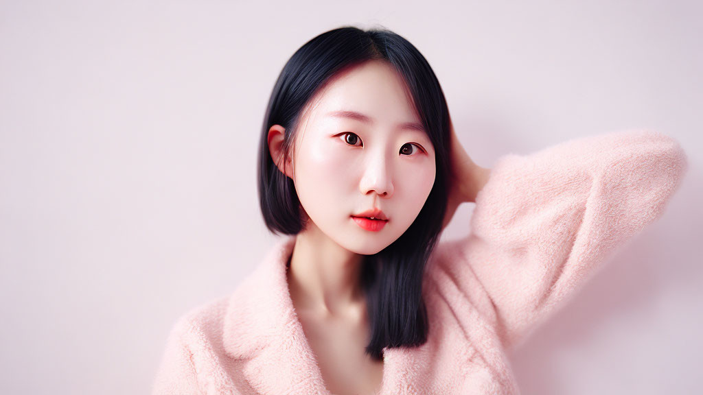 Woman with Bobbed Hair in Pink Top Poses Against Soft Pink Background