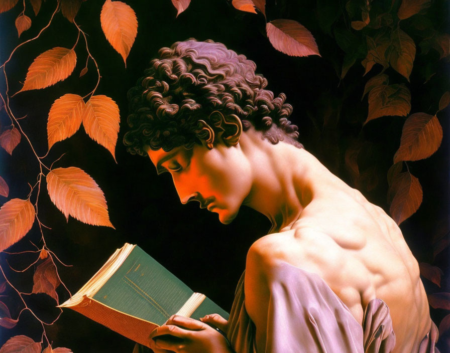 Classical Painting of Figure with Curly Hair Reading Book