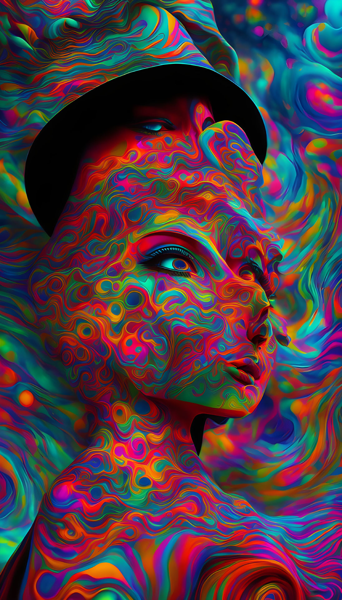 Colorful Psychedelic Portrait with Swirling Patterns and Brimmed Hat