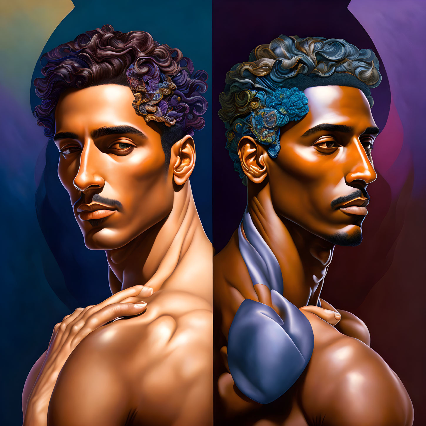 Stylized portraits of a man with floral hair against vibrant background