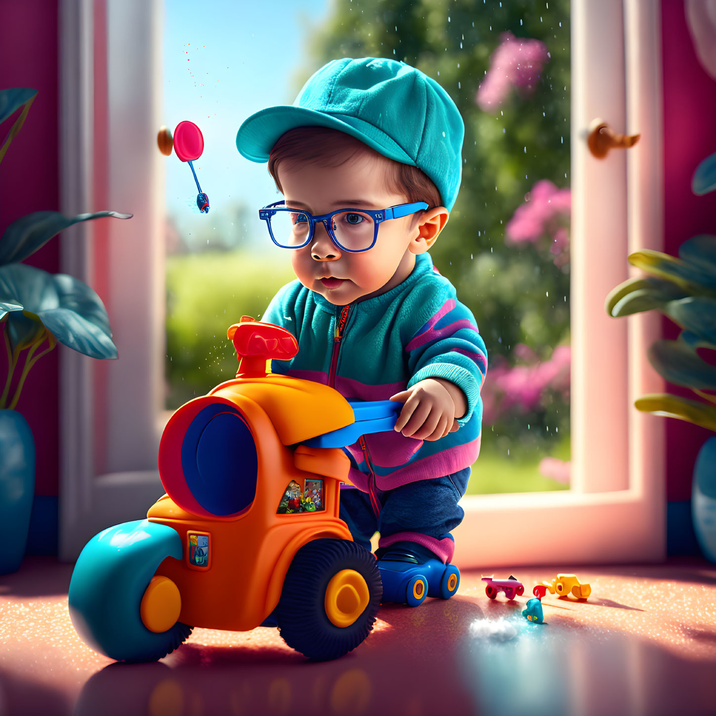 Toddler in glasses and cap on toy scooter by sunny window with bubbles and toy