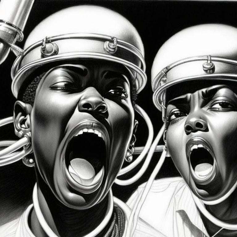 Exaggerated animated characters in white caps and hoop earrings shouting with sound amplifiers.