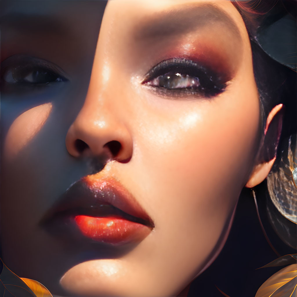 Detailed portrait of woman with dramatic makeup and warm backlight