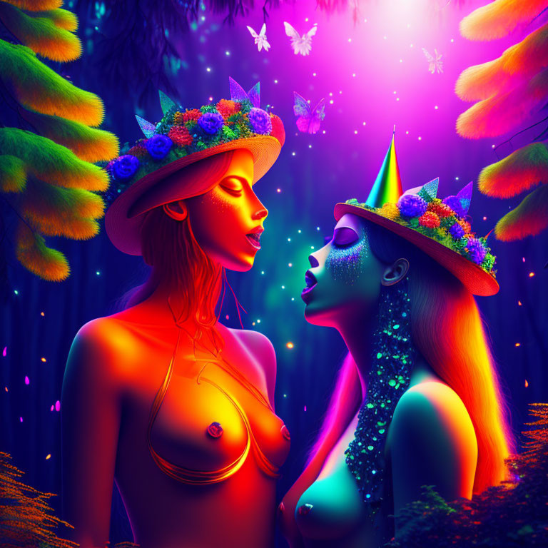 Colorful body paint women in floral hats in mystical forest with neon lights