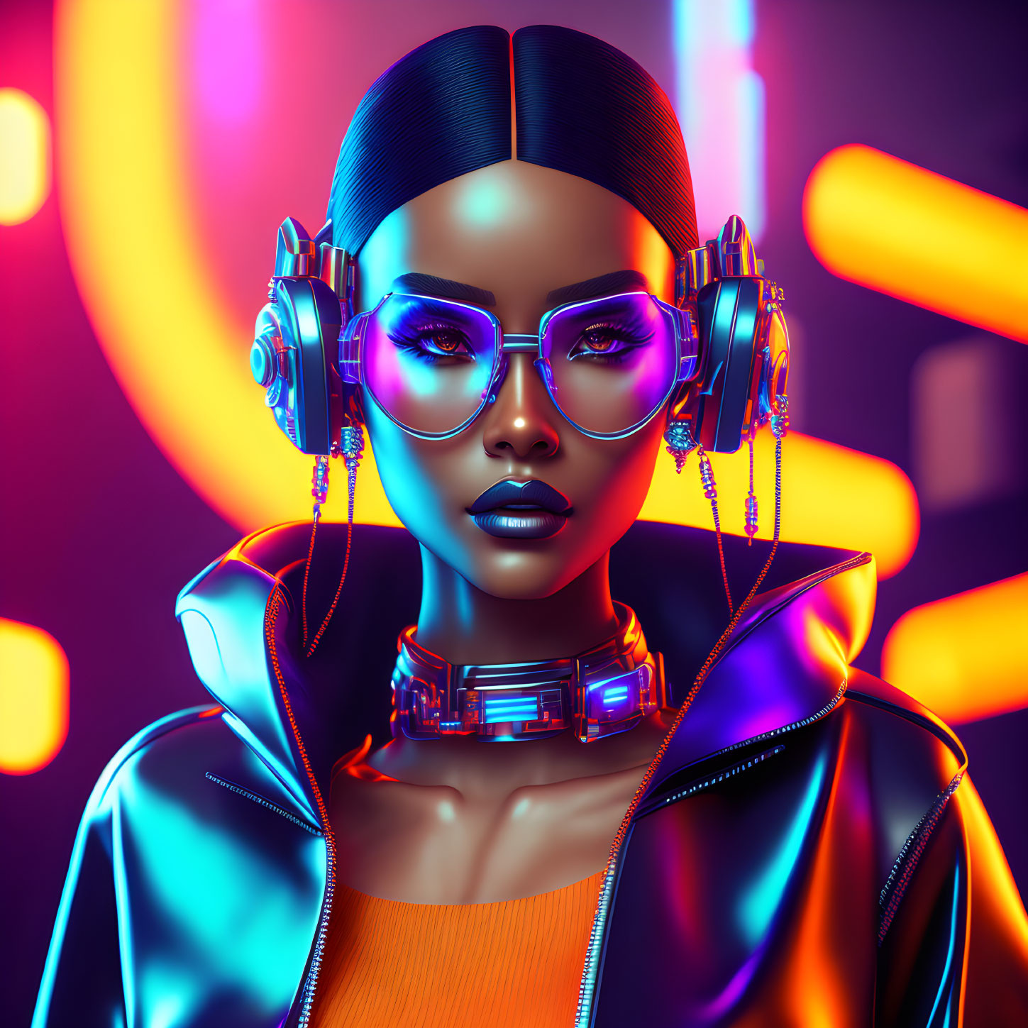 Futuristic woman with glowing lights, headphones, shades, and choker necklace