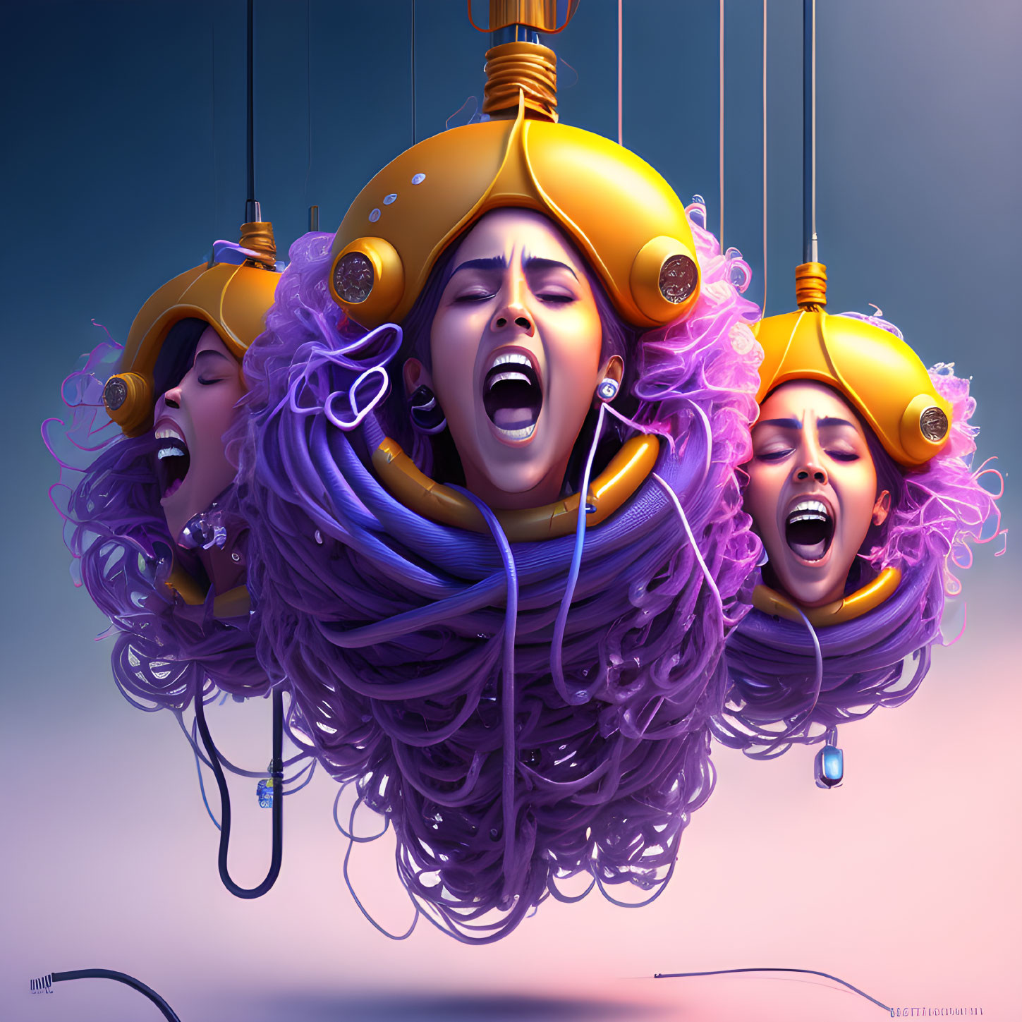 Stylized animated heads with purple hair in yellow helmet on gradient background