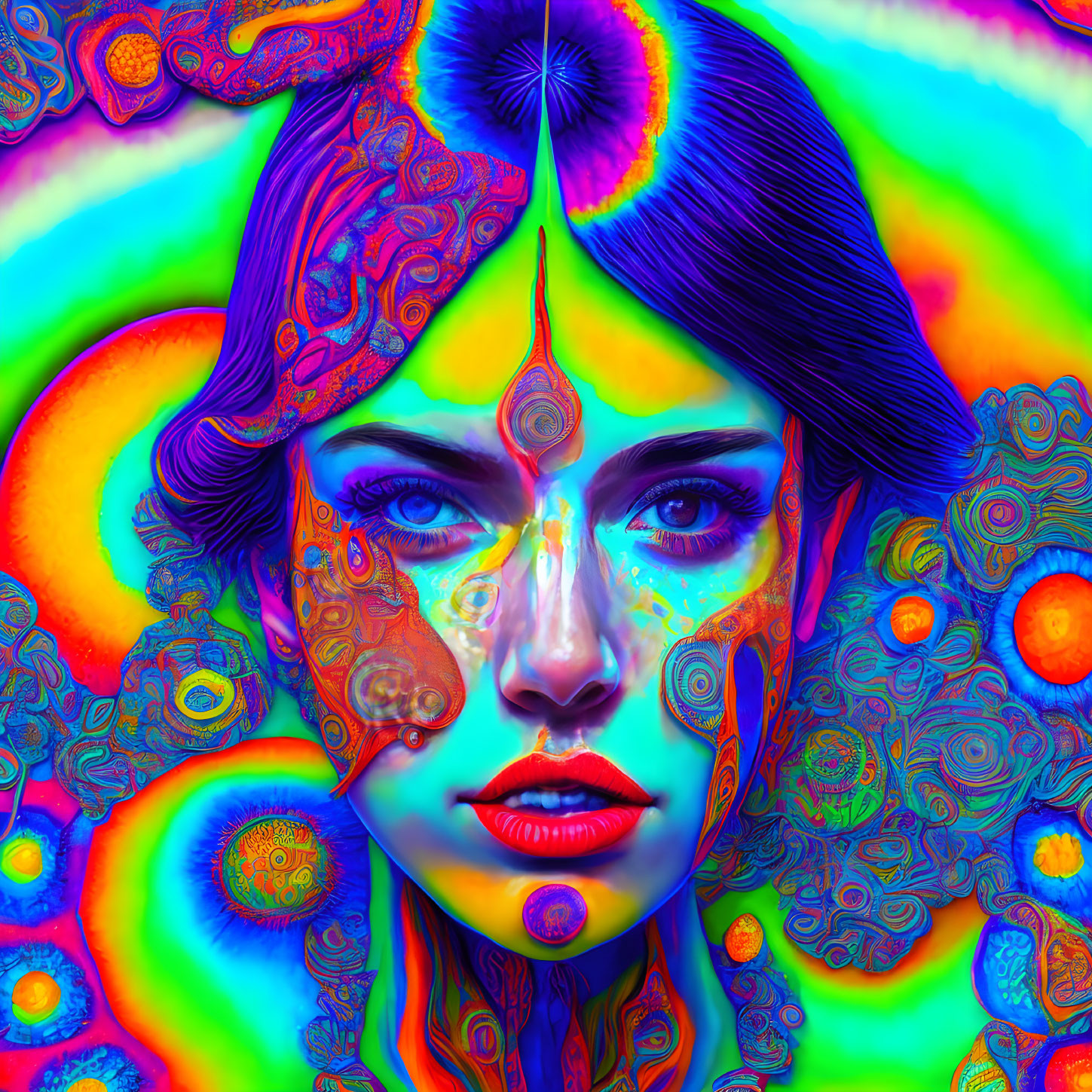 Colorful Psychedelic Portrait of Woman with Swirling Designs