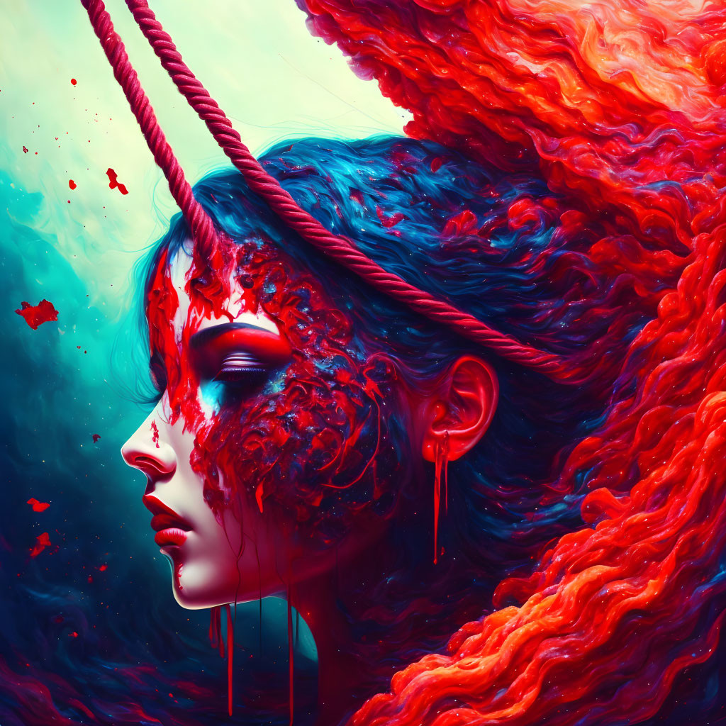 Colorful digital artwork of woman with red and blue hair and intricate textures