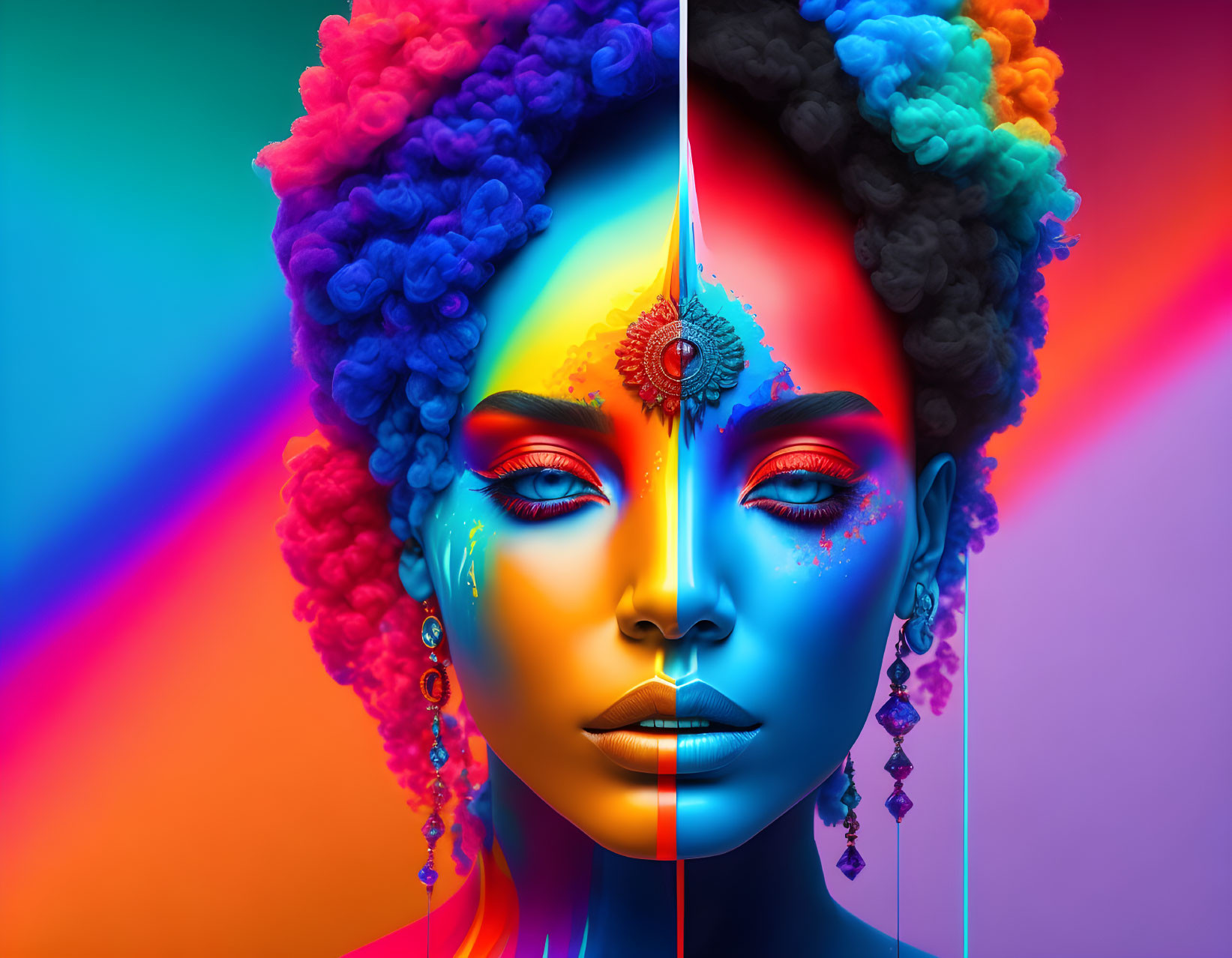 Split-portrait of woman with vibrant makeup and hairstyles on colorful background