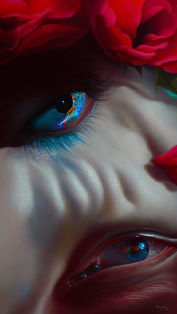 Close-up portrait of face with vibrant blue eyes and red roses.