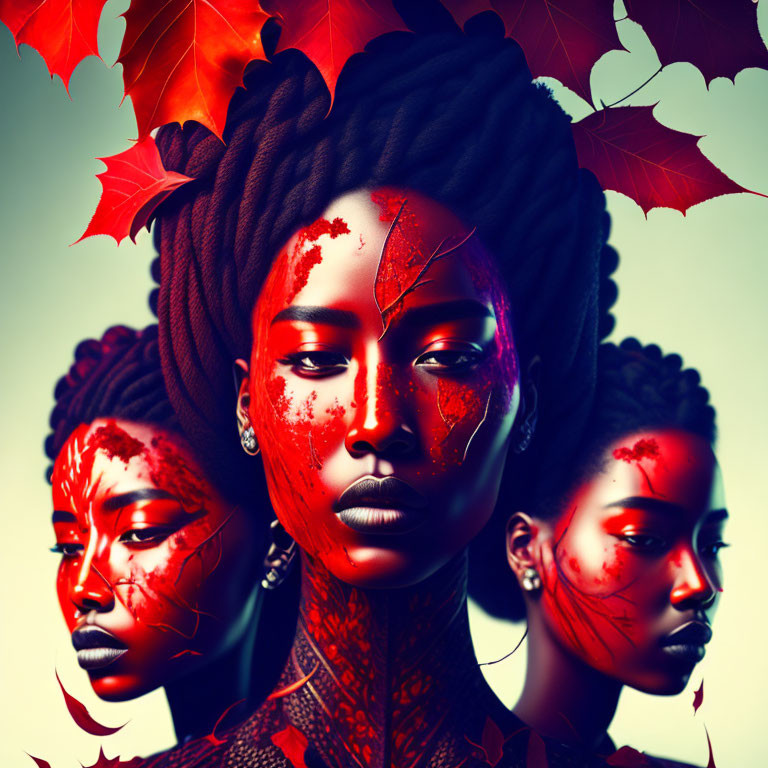 Three women with red and black makeup and autumn leaves, embodying seasonal and nature-inspired beauty