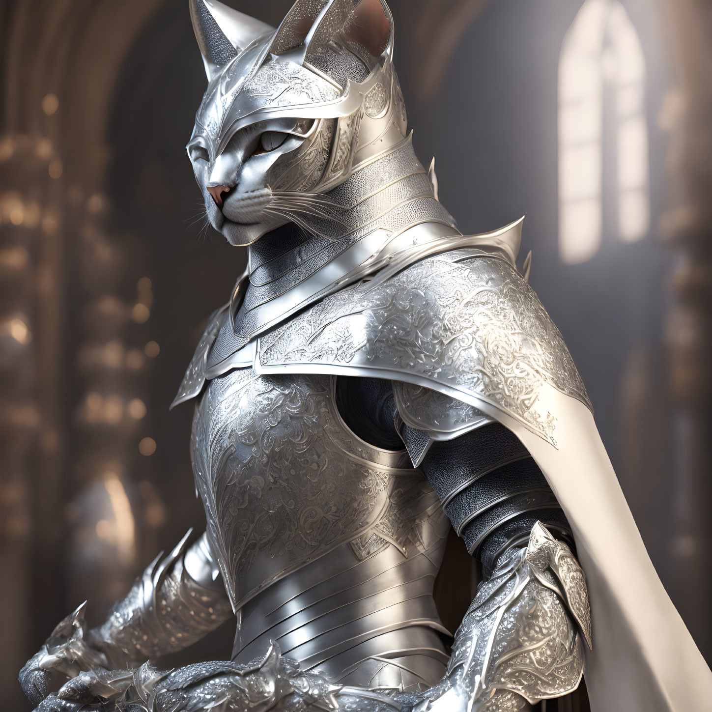 Digital artwork: Cat in ornate medieval knight armor in grand sunlit hall