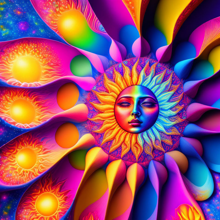 Colorful Stylized Sun with Human Face and Celestial Patterns