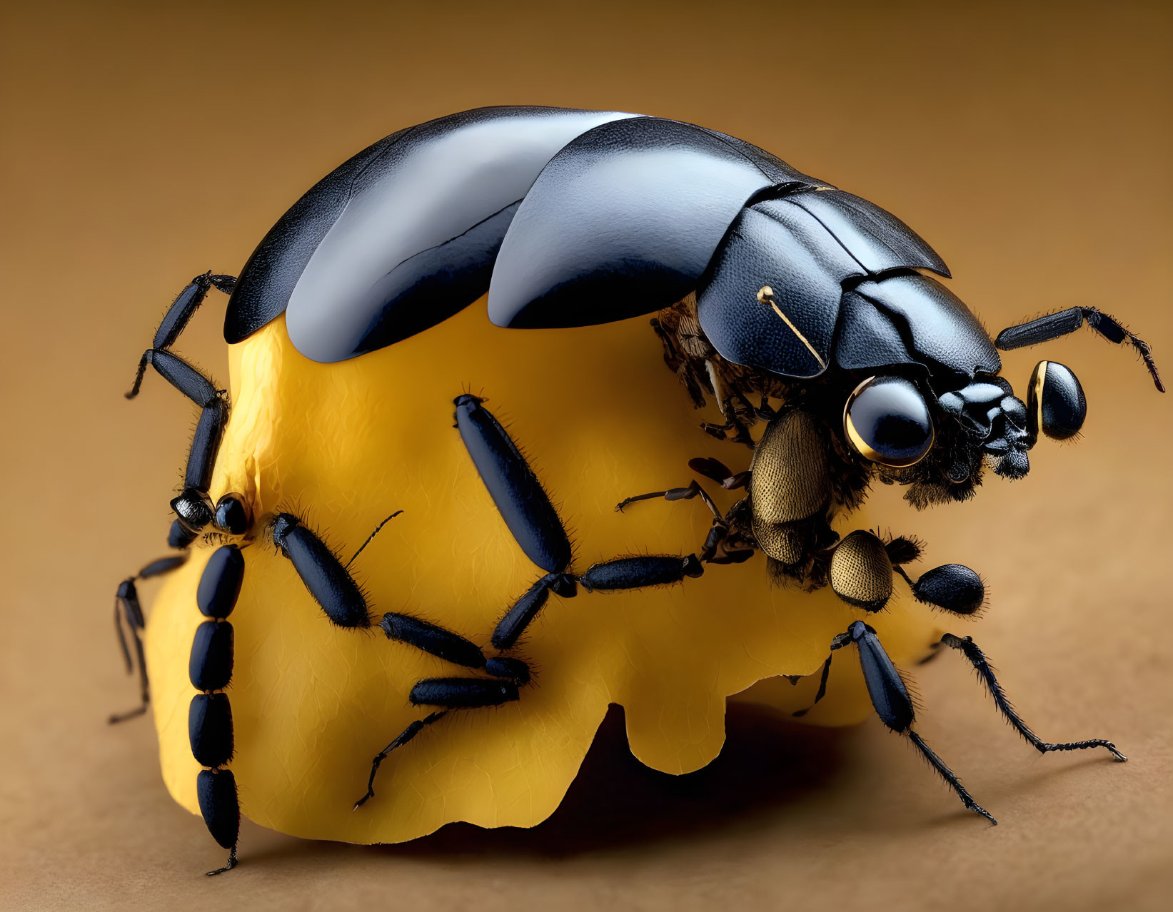 Colorful Mechanical-Looking Insect on Yellow Surface