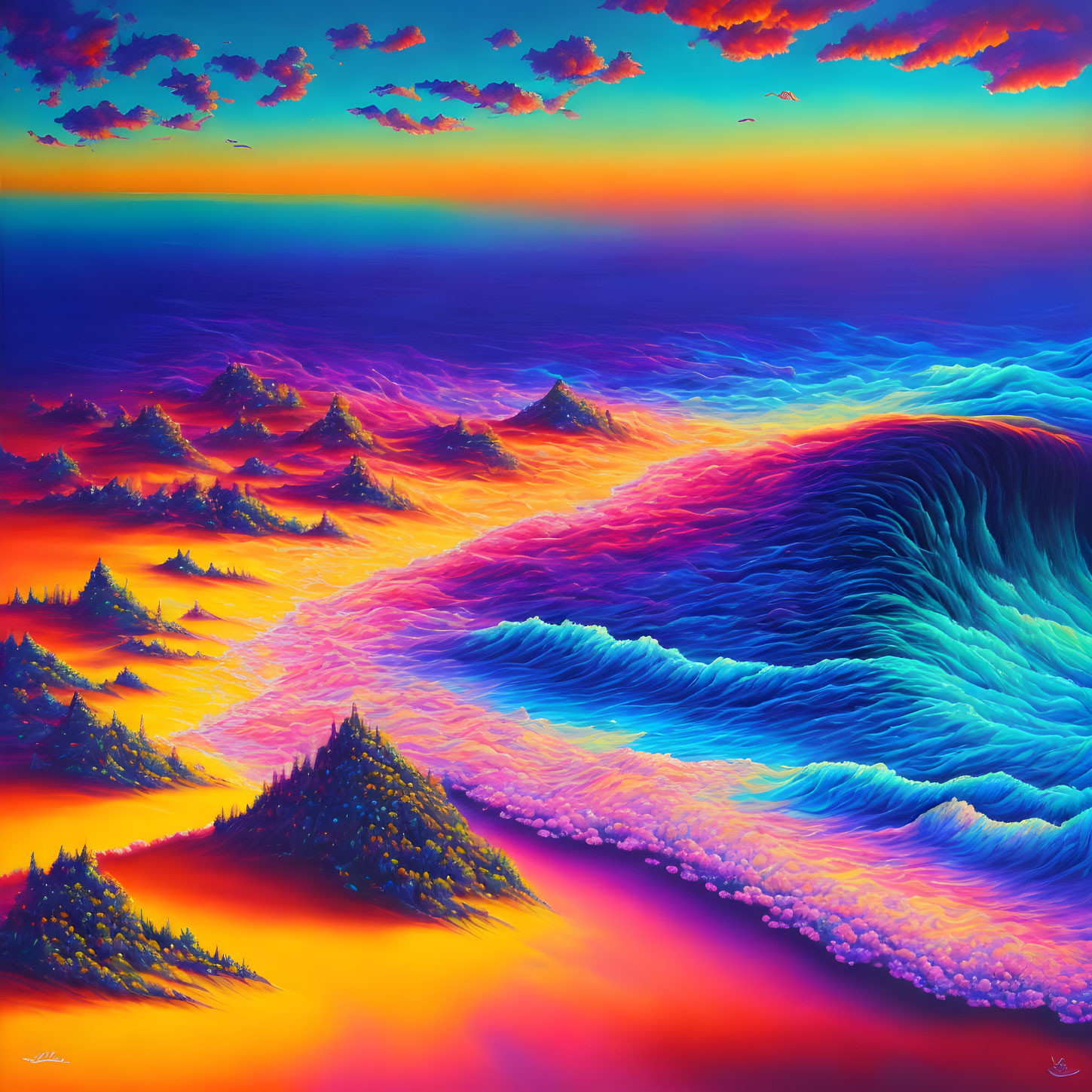 Colorful Neon Landscape with Waves, Hills, Sunset Sky, and Birds