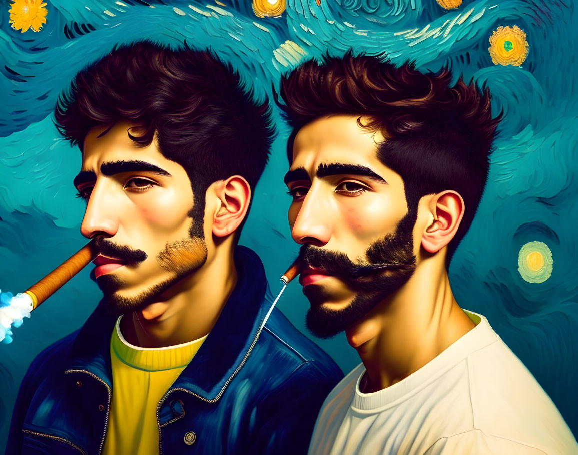 Stylized men with facial hair in front of sunflowers and Starry Night motif