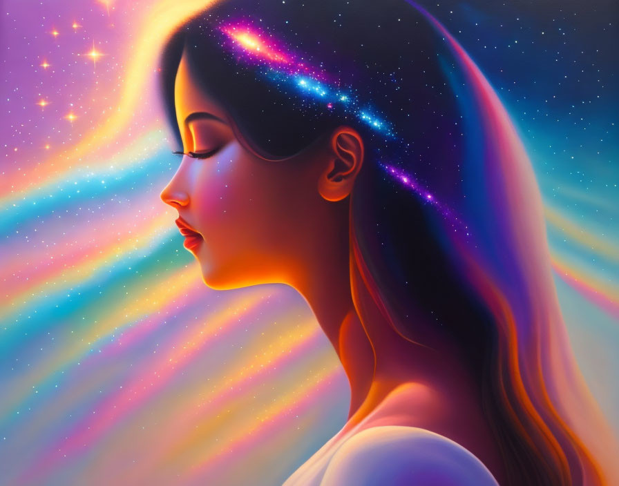 Person with Cosmic-Themed Hair Against Starry Sky in Warm Colors