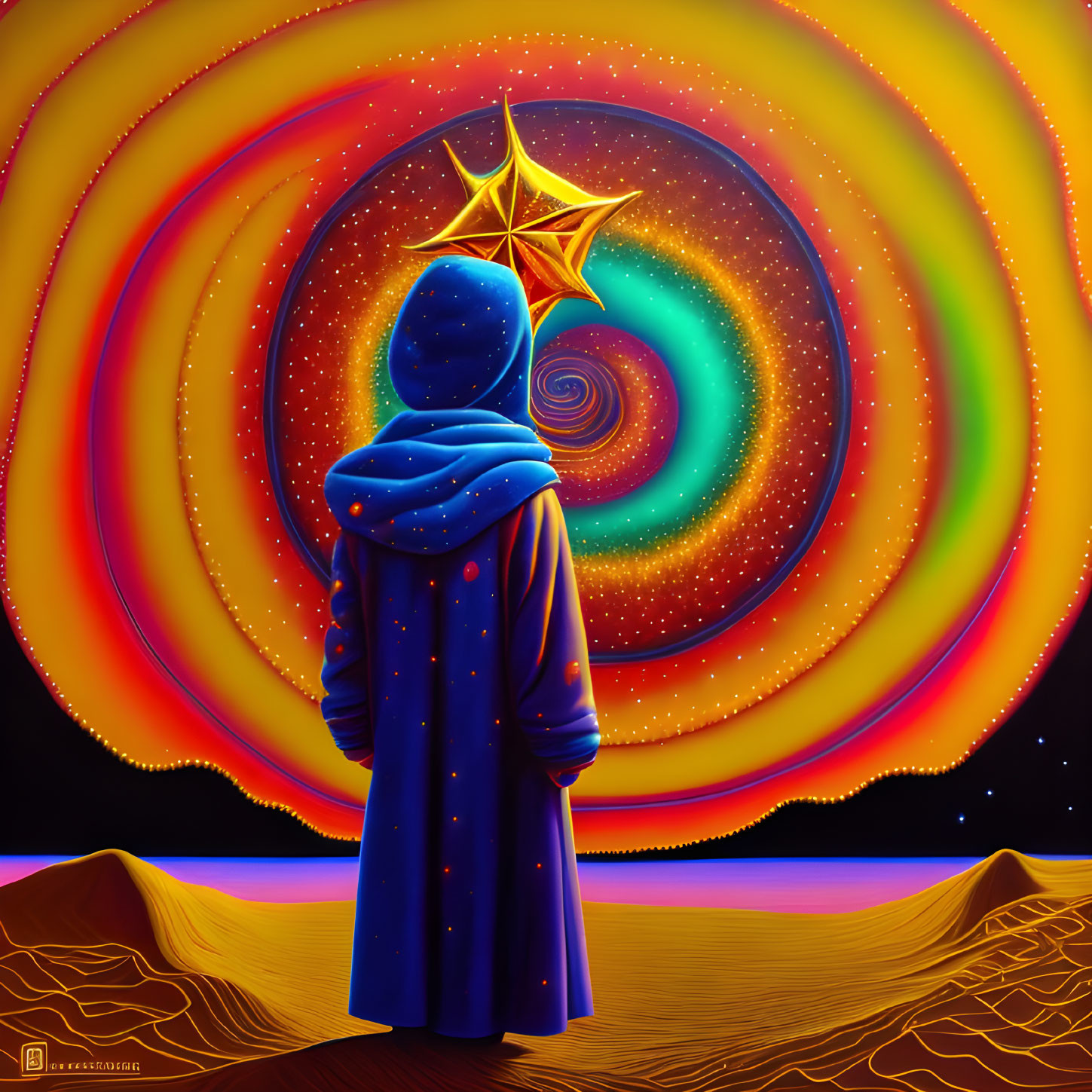 Cloaked Figure Holding Star Gazing at Cosmic Swirl