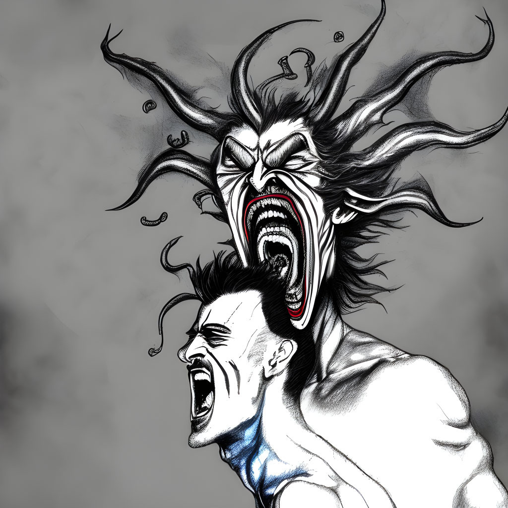 Monochrome drawing of man screaming with ghostly face above in swirling tendrils