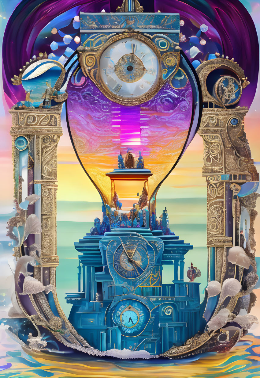 Surreal artwork with clock towers, ocean, boat, dolphins, and vibrant sky