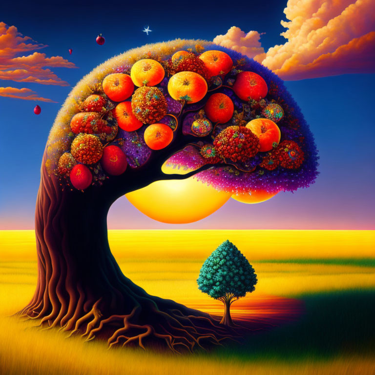 Whimsical painting of large fruit tree against smaller one under vibrant sunset sky