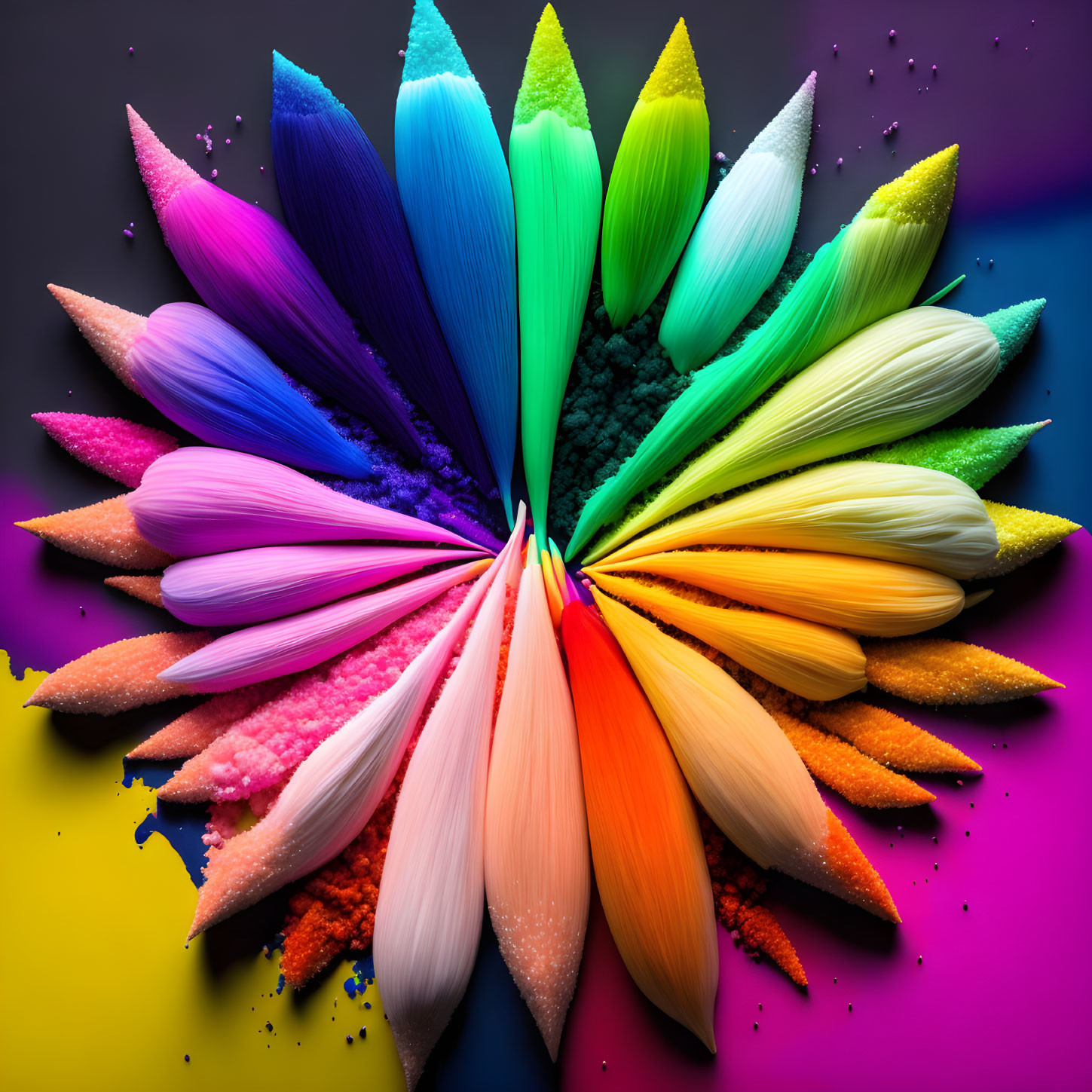 Colorful Flower Petals in Circular Arrangement on Dark Background