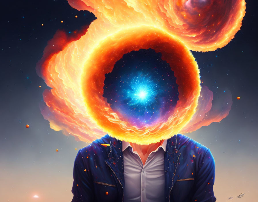 Digital artwork featuring person with explosive cosmic head.