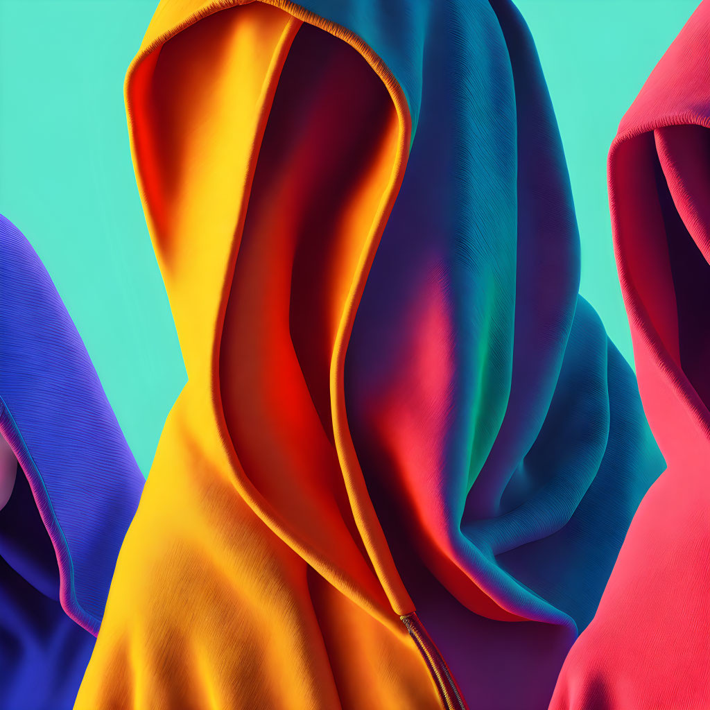 Vibrant hooded sweatshirts in blue, yellow, and red on teal background