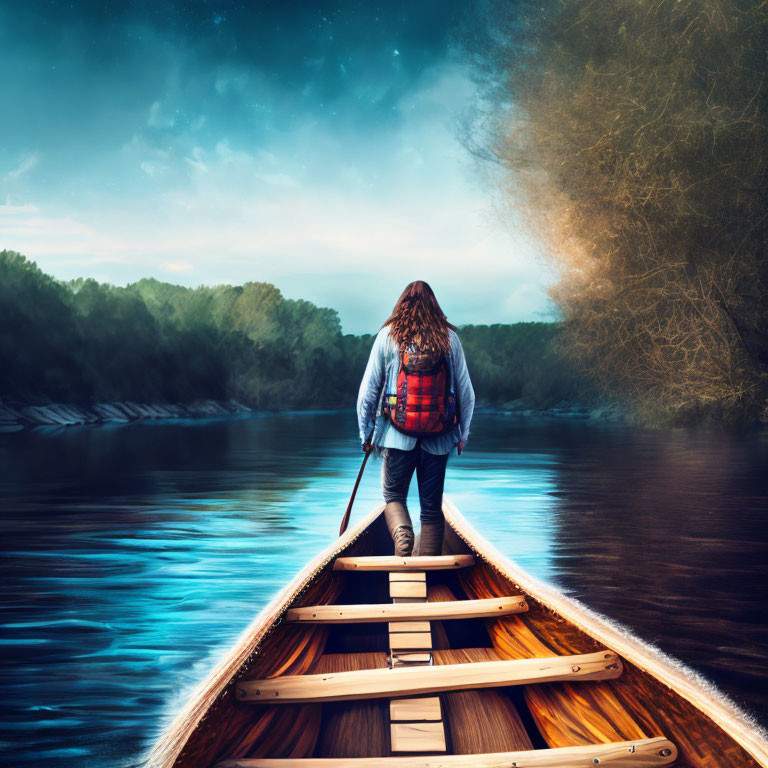 Person paddling canoe on serene river at twilight